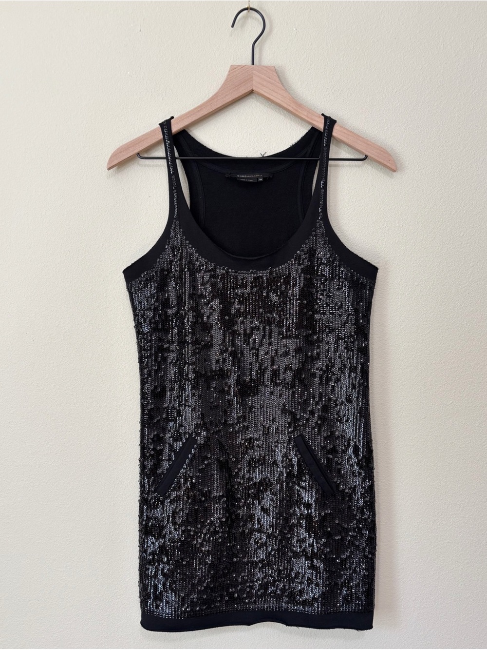 BCBGMAXAZRIA size XS Tunic Sequin Embellished Racerback French Terry Black Tank